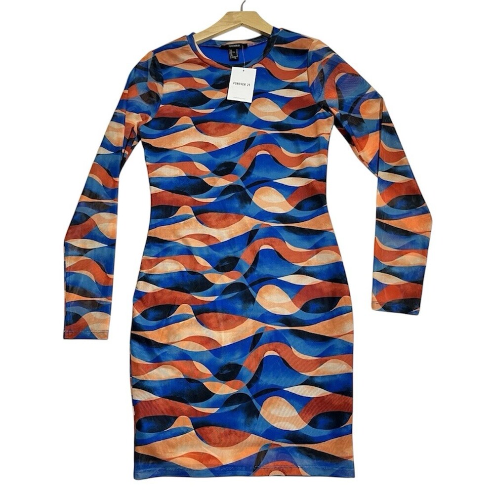 Forever 21 Women's Orange Sunset Abstract Print Midi Dress Long Sleeve New